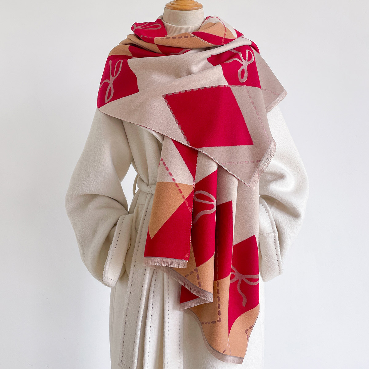 Pashmina Wrap Large - 女性用イミテーションカシミヤスカーフ フリンジ付き 厚手 暖かいショール 冬用プリントスカーフ リバーシブル