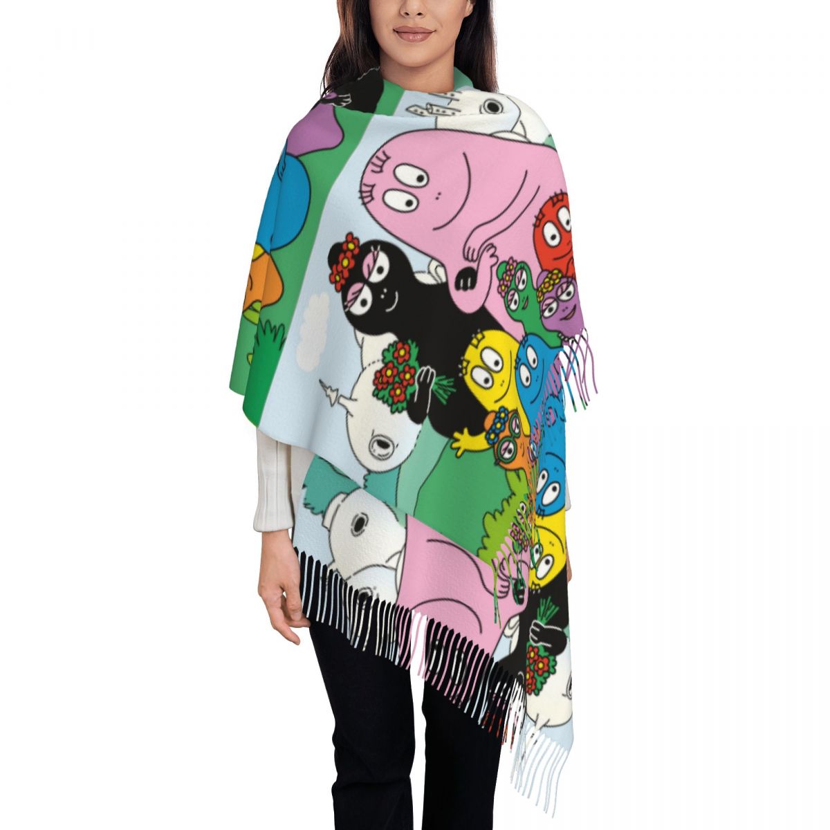 Pashmina Wrap Large - Les Barbapapa ファミリーショールラップ女性冬暖かい大きなロングスカーフかわいい漫画パシュミナタッセルスカーフ