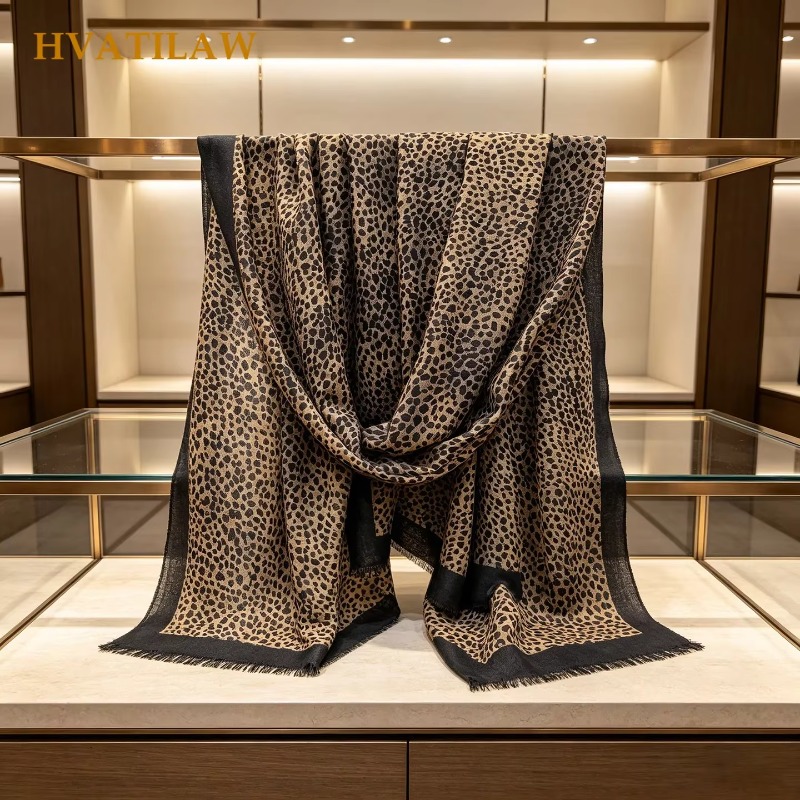 Pashmina Wrap Large - 2026年新作、レオパード柄、ウール100％、フリンジ付きスカーフ、女性用、冬用、暖かい、200x100cm、大判、ショール、ネックウォーマー、パシュミナ、ポンチョ。
