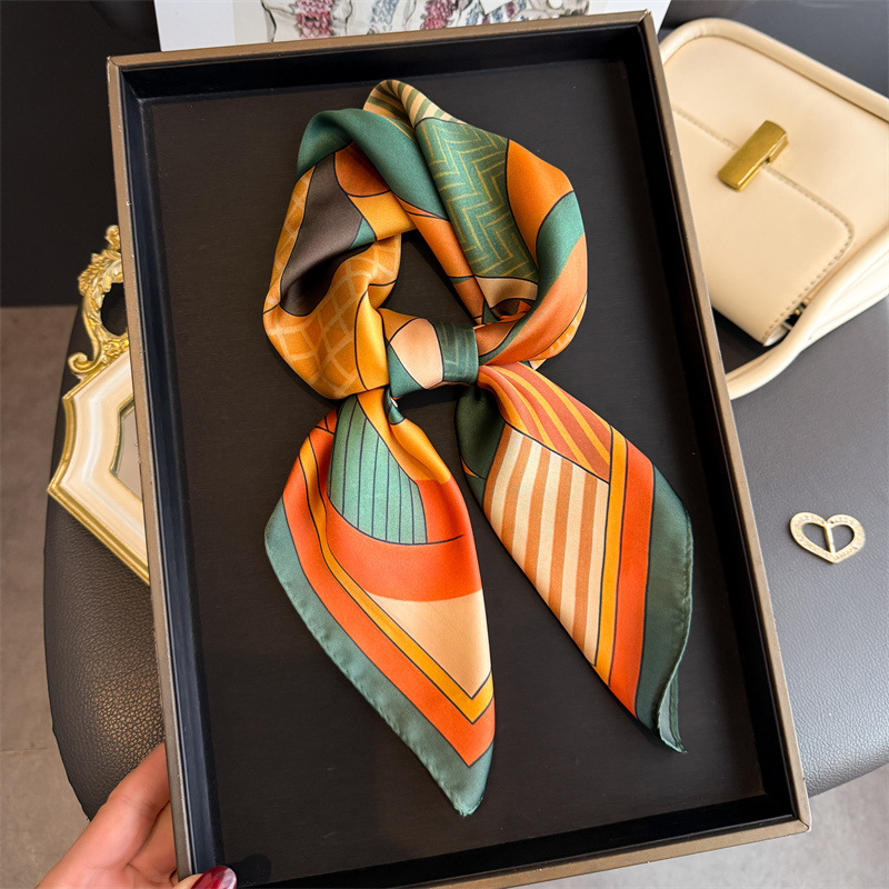 Scarf Silk Square - 2026 新幾何学プリントシルクスクエアスカーフ女性装飾ネクタイ 70*70 センチメートルハンカチ女性夏ヒジャーブ女性ネッカチーフラップ