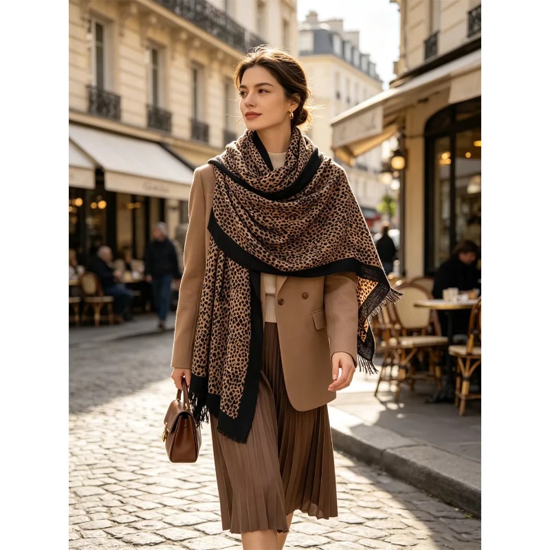 2026年新作、レオパード柄、ウール100％、フリンジ付きス - Pashmina Wrap Large のレビューと価格