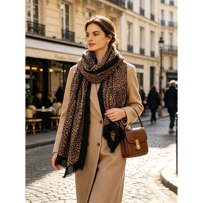 2026年新作、レオパード柄、ウール100％、フリンジ付きス - Pashmina Wrap Large のレビューと価格
