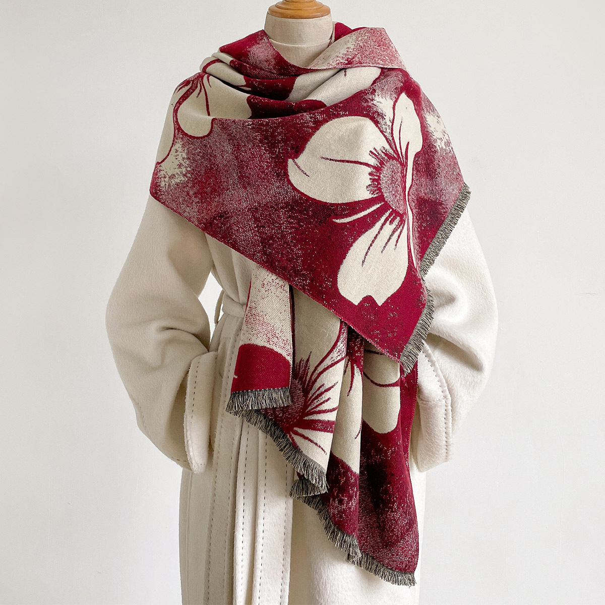 女性用イミテーションカシミヤスカーフ フリンジ付き 厚手 暖 - Pashmina Wrap Large のレビューと価格